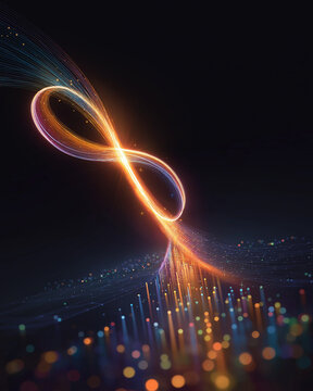Infinite Data Stream: An abstract visualization of data flowing infinitely, depicted as a glowing orange infinity symbol entwined with luminous fiber optic strands.
