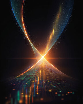 Digital Abstract Energy: A striking abstract digital artwork featuring glowing lines and particles forming an energetic nexus against a dark backdrop, symbolizing innovation and connectivity.