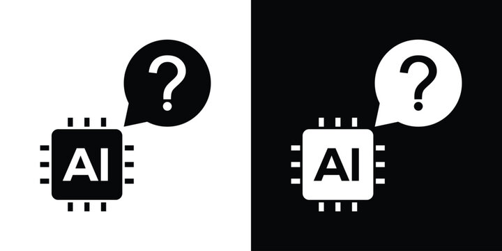 An AI microchip with a question mark in a speech bubble, symbolizing artificial intelligence queries, tech troubleshooting, machine learning questions, or FAQs.
