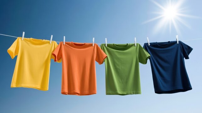 Four colorful plain short sleeve t-shirt hanging on clothesline with clothespin against clear blue sky with bright sun on sunny day