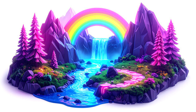 Vibrant fantasy landscape with glowing waterfall and rainbow
