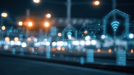 Fototapeta premium Futuristic city street at night with illuminated wireless network symbols and digital data connection concept in blurred background