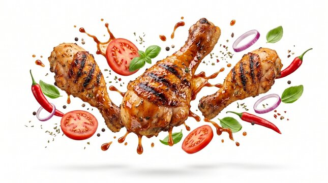 Sizzling grilled chicken drumsticks with vibrant fresh vegetables and aromatic herbs, artfully presented with dynamic sauce splashes, perfect for a flavorful meal