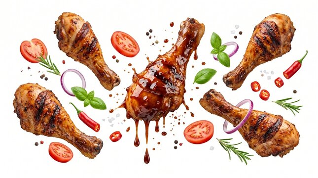 Delectable grilled chicken drumsticks with savory barbecue sauce, fresh herbs, spices, and vibrant vegetables, isolated on white
