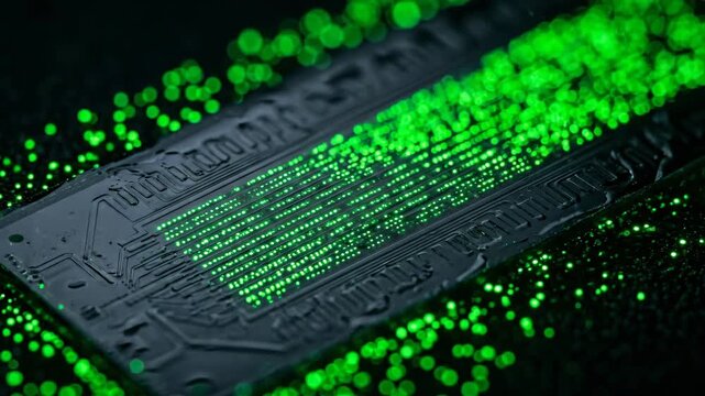 DNA Sequencing Technology: Genomic Flow Cell Surface with Green Fluorescent Base Signals Pulsing in Real Time, Next-Generation Sequencing NGS Genomics