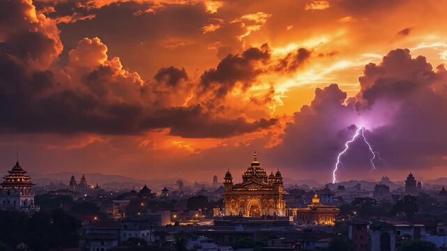 Dramatic sky with lightning over an ancient cityscape at sunset.