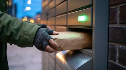 Naklejka premium Person wearing green jacket and gray fingerless gloves retrieving brown paper wrapped parcel from modern metal mailbox in urban evening setting