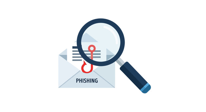 Phishing Email Scam Detection Concept with Magnifying Glass, Fishhook Icon, and Envelope Illustration