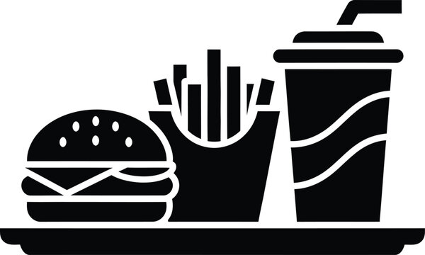 Fast food combo icon featuring burger with crispy french fries and cold drink.