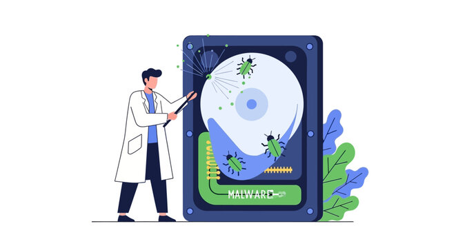Cybersecurity Specialist Scanning Hard Drive for Malware and Viruses. Flat Vector Illustration of Data Recovery, Antivirus Protection, and Hardware Debugging.