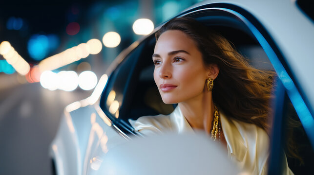 Stunning woman leaning out of white Bentley Continental window, night drive, motion blur background, city lights streaking, she wears gold jewelry and silk blouse, hair blowing, lu