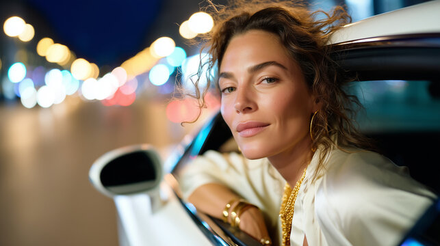 Stunning woman leaning out of white Bentley Continental window, night drive, motion blur background, city lights streaking, she wears gold jewelry and silk blouse, hair blowing, lu