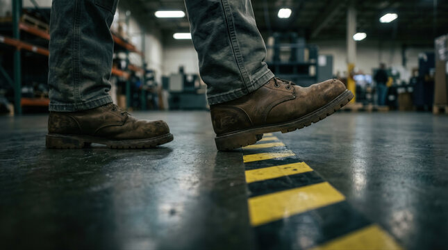 Safety training workplace rules concept. Person wearing safety boots stepping near caution line in industrial warehouse floor