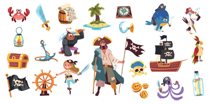 Pirate adventure set. Childish pirates treasure map in bottle, captain gold chest sea ship parrot corsair skull flag compass sailboat anchor ocean island classy vector illustration