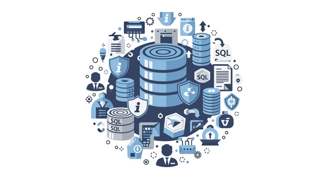 Database Management and SQL Data Infrastructure Concept Illustration with Cyber Security and Information Technology Icons