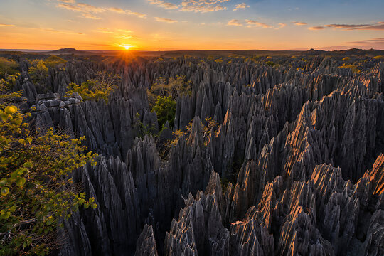 Golden hour over jagged rock spires