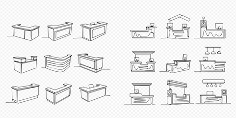 Continuous line drawing of various reception desks, counters, and stands for business and retail environments. © Lunara Arts
