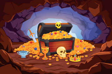 Treasure cave. Pirate treasure chest dark mountain rock entrance cartoon background, hidden gold coin gemstone pile game dungeon scene old treasury trove kicky vector illustration © ssstocker
