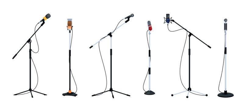 Cartoon stand microphones. Vintage mic stick and modern mike for music studio record, stage performance radio sing song recording vocal karaoke set qualitative vector illustration