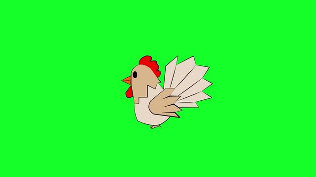 Cartoon style animation of a chicken, art, vintage, 2D, green.
