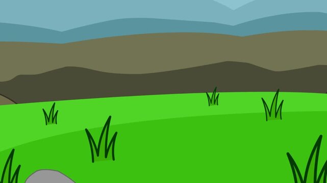 Cartoon style animation of a field with undergrowth zooming in, art, vintage, 2D.