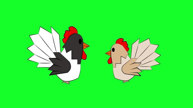Cartoon style animation of a rooster and a hen, art, vintage, 2D, green.