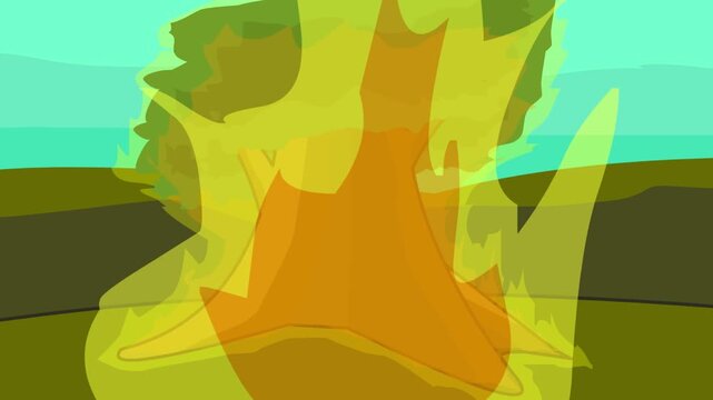 Cartoon style animation of a large tree catching fire, art, vintage, 2D.