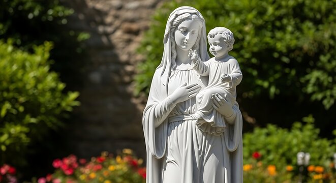 Statue of Virgin Mary and Jesus Christ in Garden.
