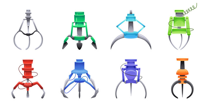 Claw machine arm. Mechanical gripper, arcade vending toy machines grabber robotic crane robot hand industry manipulator arcade game claws cartoon set ingenious vector illustration