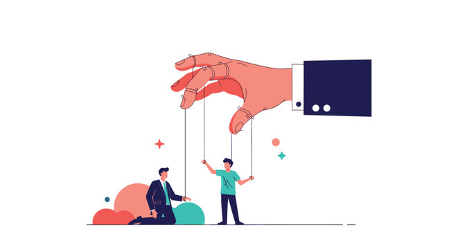 Large hand of a businessman in a suit controls two smaller people like puppets on strings to illustrate workplace manipulation.