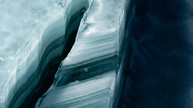 Deep Vertical Crevasse Revealing Layered Ice Strata &ndash; Subsurface Crevasse &ndash; Hidden Depth Macro &ndash; High‑Angle Side Raking LED
