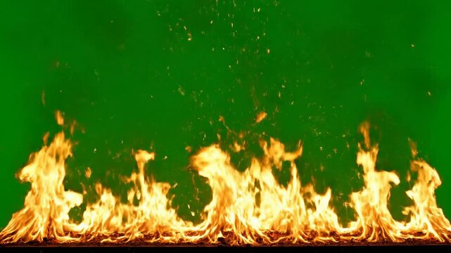 Intense fire line with rising sparks on green screen, real flame overlay for visual effects and compositing