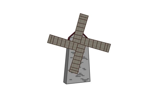 Cartoon style animation with a windmill moving, art, vintage, white.