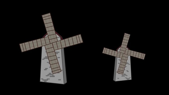 Cartoon style animation with three windmills moving, art, vintage, black.