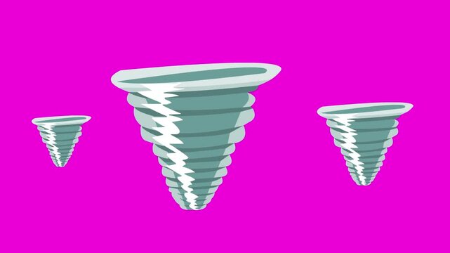 Cartoon style animation with three tornadoes spinning, art, vintage, 2D, red.