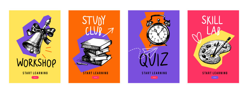 Back to school sketch collage banners. Education poster templates with hand drawn accessories. Diploma design. Vector illustration