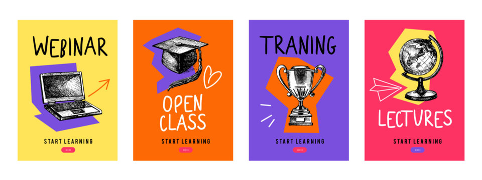 Back to school sketch collage banners. Education poster templates with hand drawn accessories. Diploma design. Vector illustration