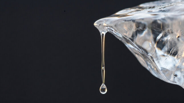 Thin Liquid Water Filament Clinging to Melting Ice Edge &ndash; Meltwater Filament &ndash; Fluid Boundary Macro &ndash; Backlit Warm Edge LED