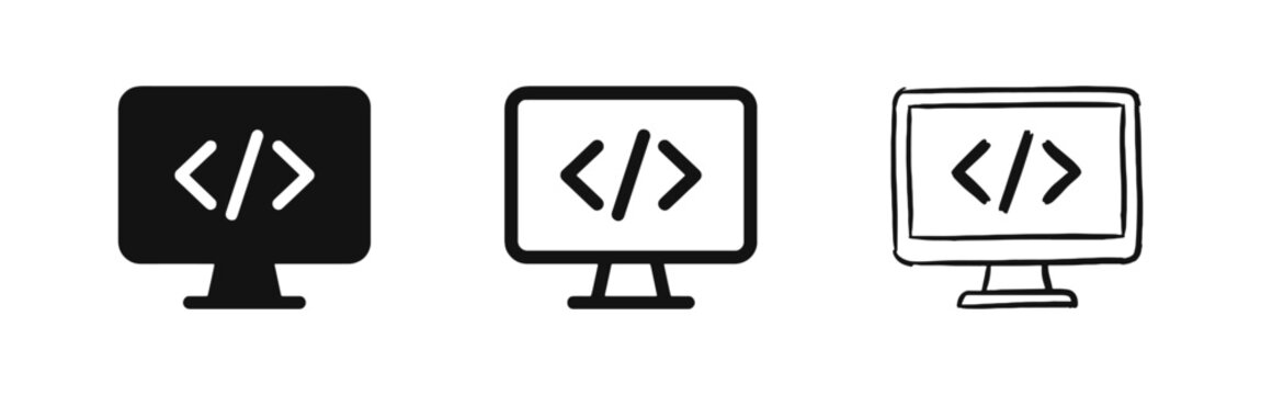 Computer Monitor with Programming Code Symbols Icon Set