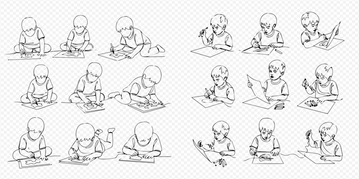 Set of hand-drawn illustrations depicting children engaged in various drawing and reading activities, showcasing different poses and expressions.