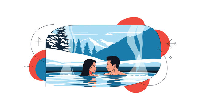 Romantic couple enjoying a relaxing dip in a steaming outdoor hot spring or thermal pool surrounded by a snowy winter mountain landscape and trees.