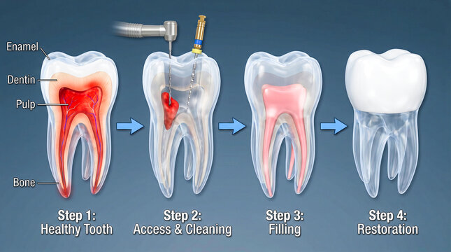 Diagram illustrating the stages of root canal treatment on a tooth