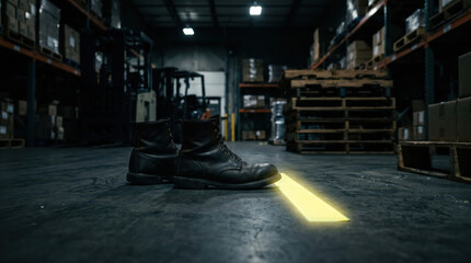 Naklejka premium Safety training workplace rules concept. A single black boot sits abandoned on a warehouse floor with stacked pallets in the background.