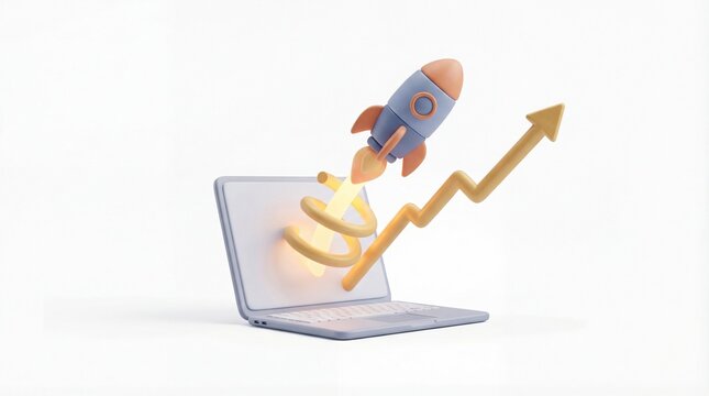 Startup rocket launch 3D render of a spaceship lifting off from a laptop screen for business growth and innovation