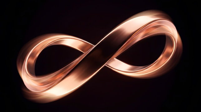 Elegant Rose Gold Infinity Symbol 3D Rendering on Black Background; Polished Metallic Mobius Strip Concept Representing Eternity, Endless Connection, and Timeless Love in Modern Luxury Style