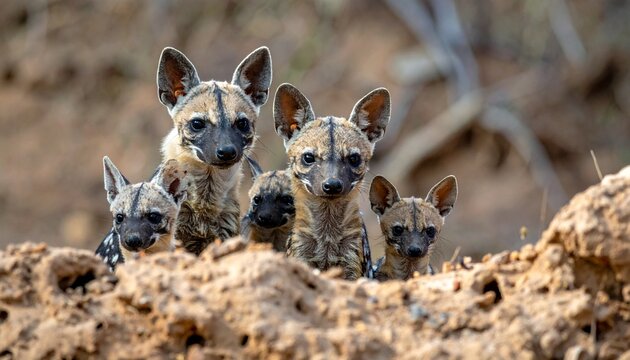 Three striped aardwolves standing on rocky terrain in natural daylight wildlife portrait