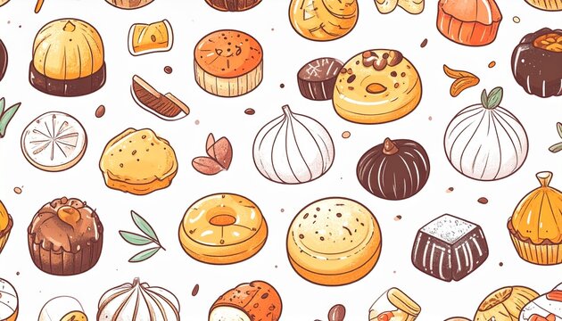 Traditional Indonesian Sweet Snacks Seamless Pattern in Flat 2D Hand-Drawn Style Illustration