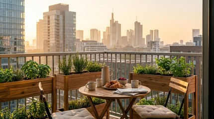 Fototapeta premium Balcony with bistro table and chairs overlooking city