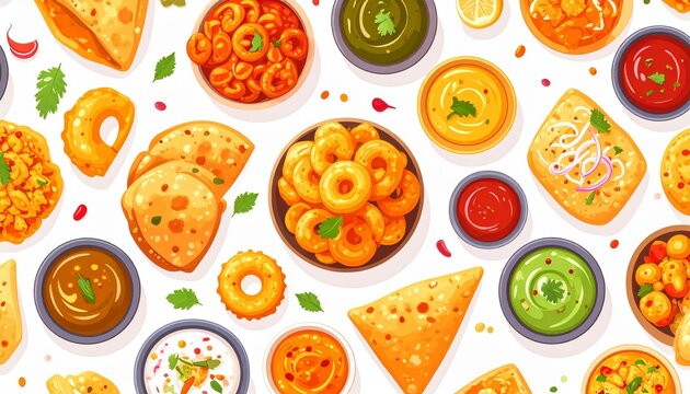 Colorful Indian street food snacks and chutneys seamless pattern in flat hand-drawn style on white background