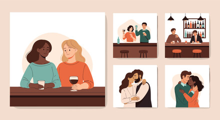 Fototapeta premium Diverse collection of photos depicting people socialising, enjoying drinks, and hugging at a bar or party atmosphere during a celebration event.